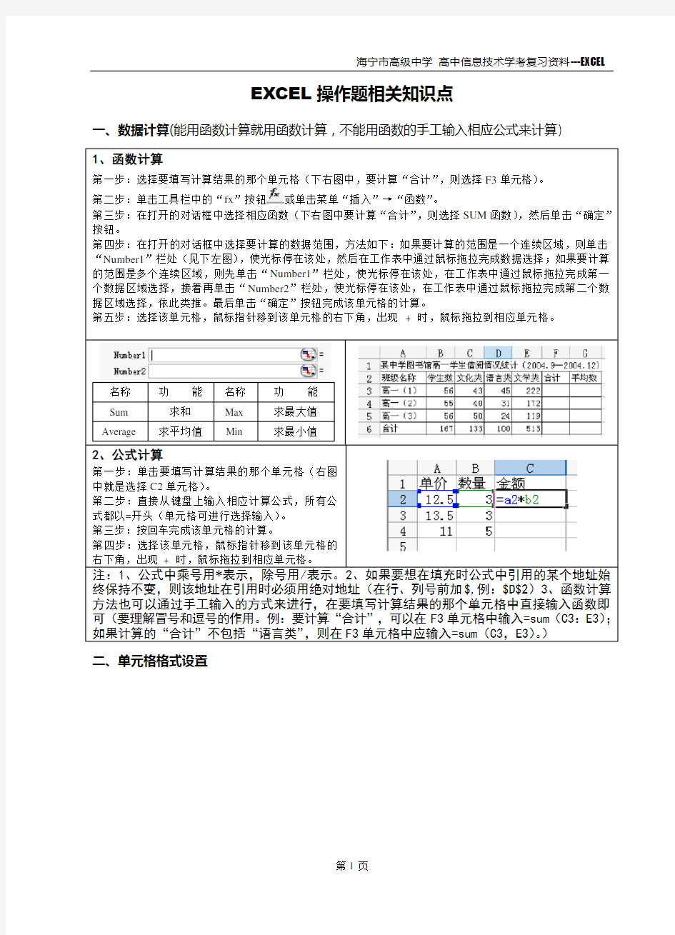 信息技术 EXCEL操作题知识点