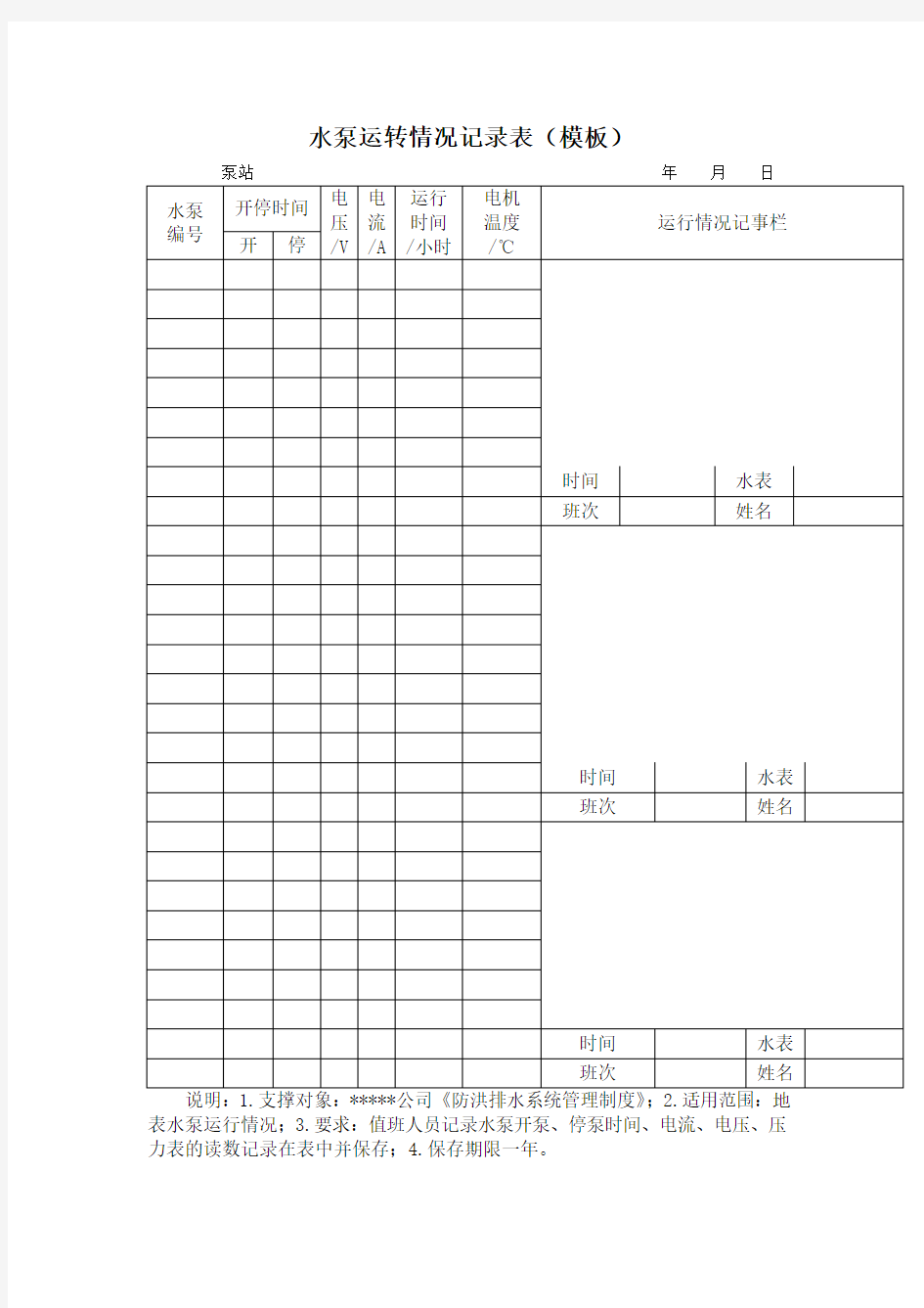 水泵运转情况记录表(模板)