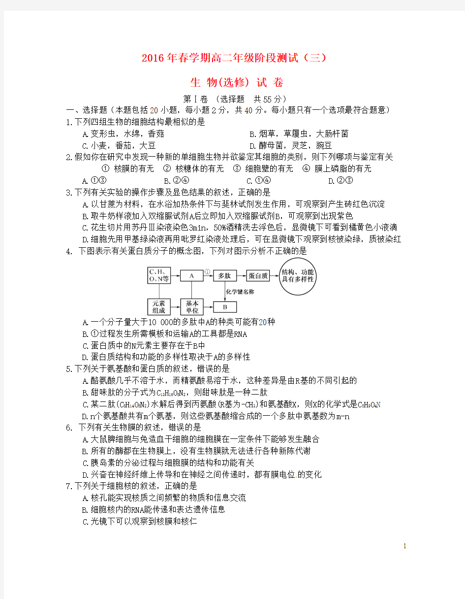 江苏省泰兴市第一高级中学2015-2016学年高二生物下学期第三次阶段测试试题