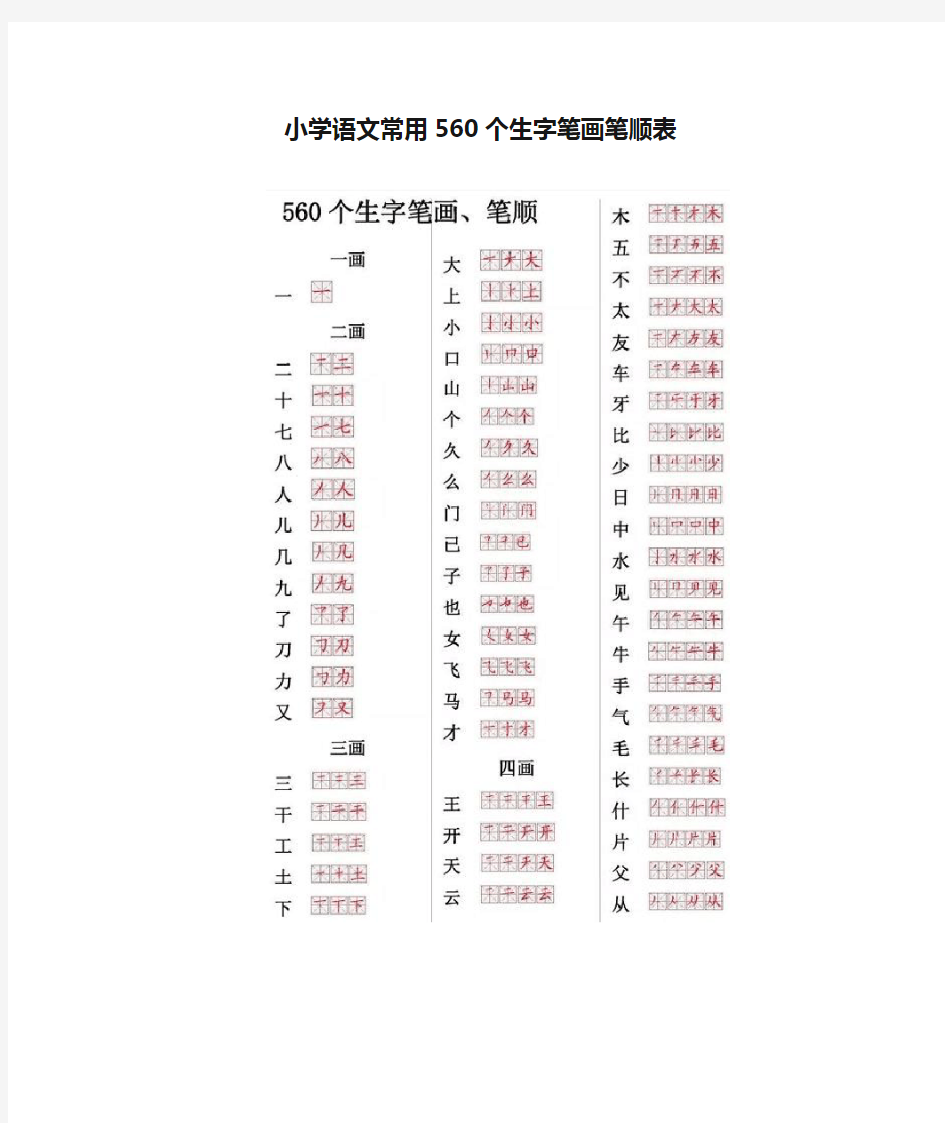 小学语文常用560个生字笔画笔顺表