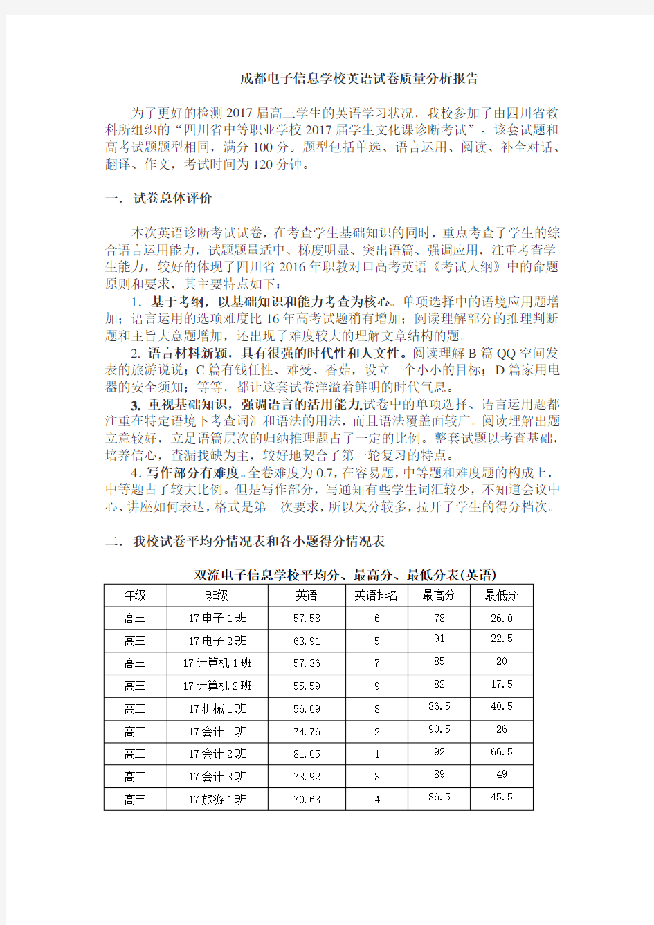 高三英语质量分析报告