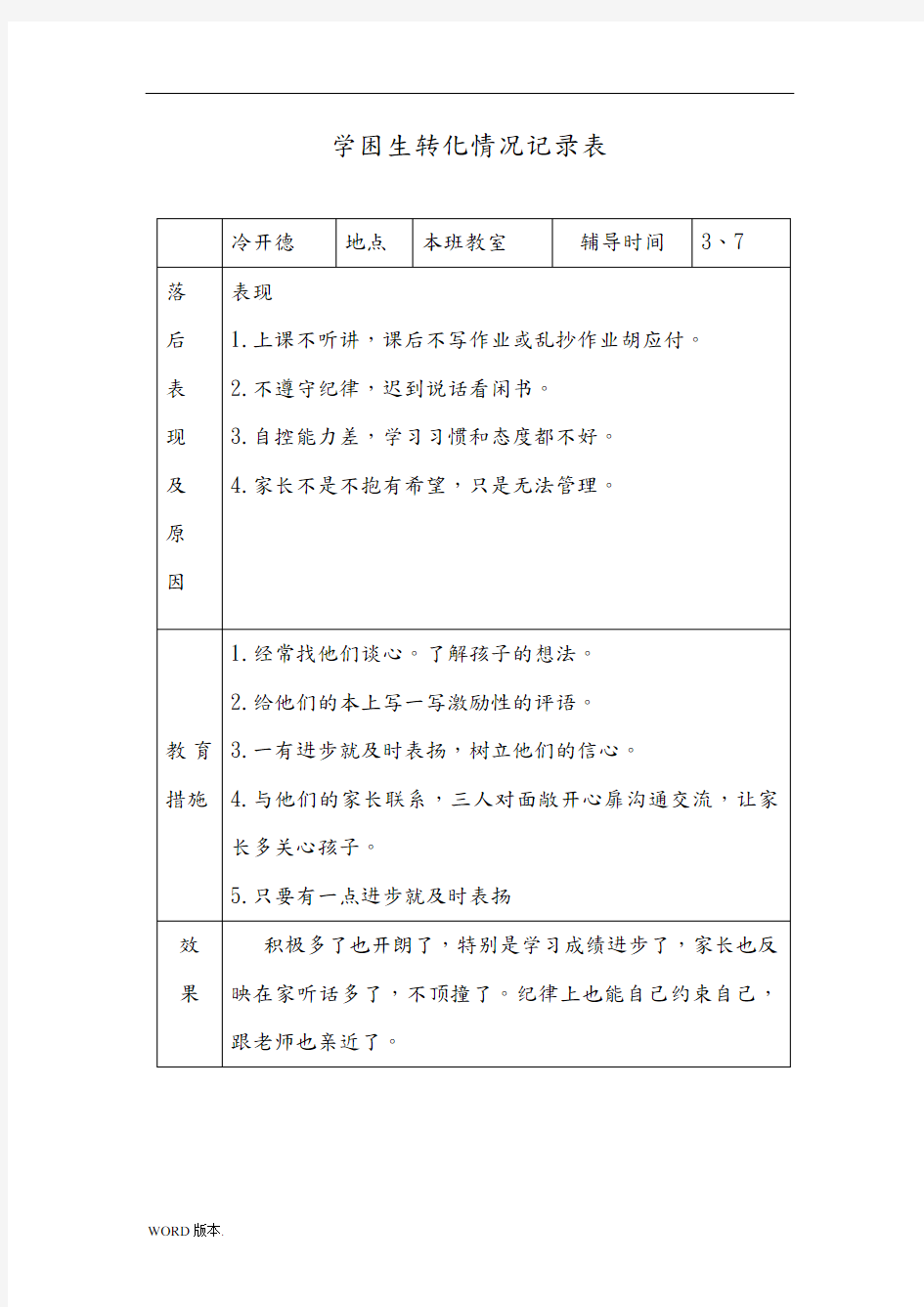 后进生转化情况记录表