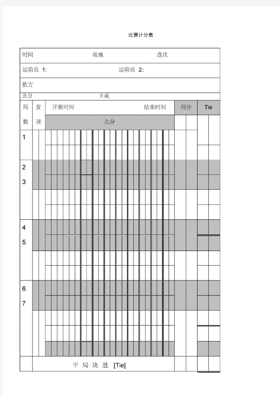 网球比赛记分表