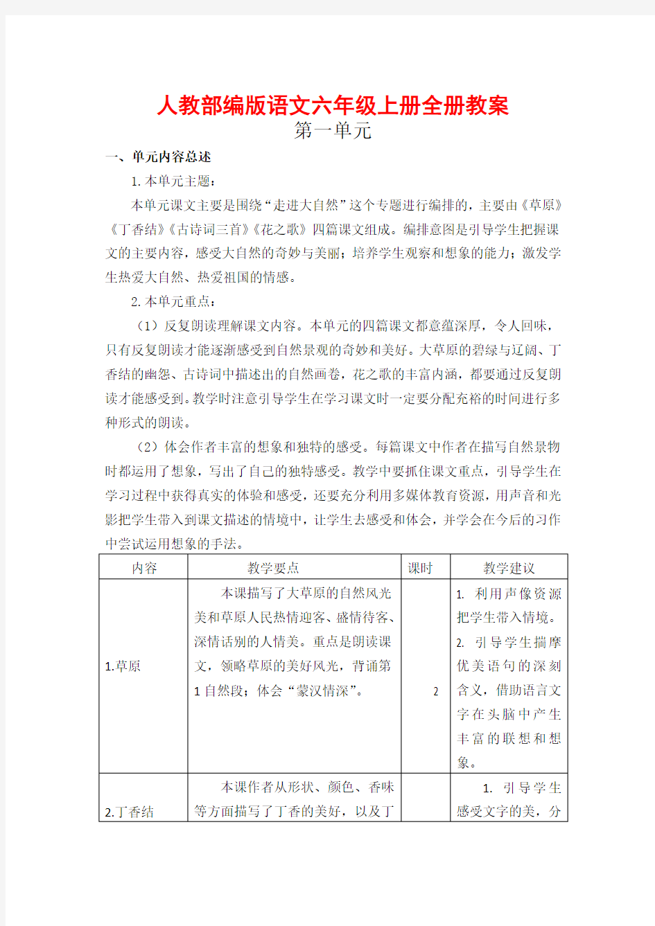 人教部编版语文六年级上册全册教案汇总(已整理 可直接打印)