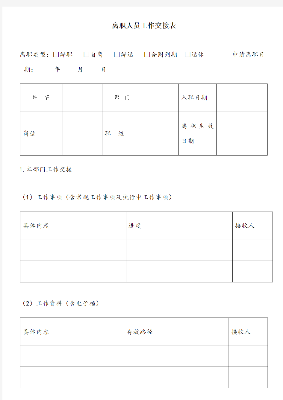 离职人员工作交接表