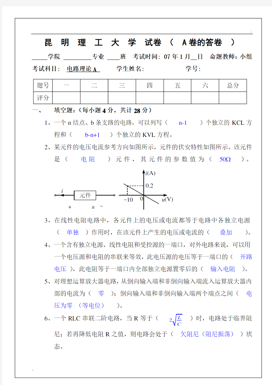 《电路理论(上)》试题集及参考答案