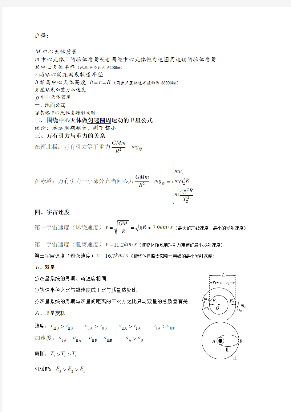 万有引力与航天公式总结