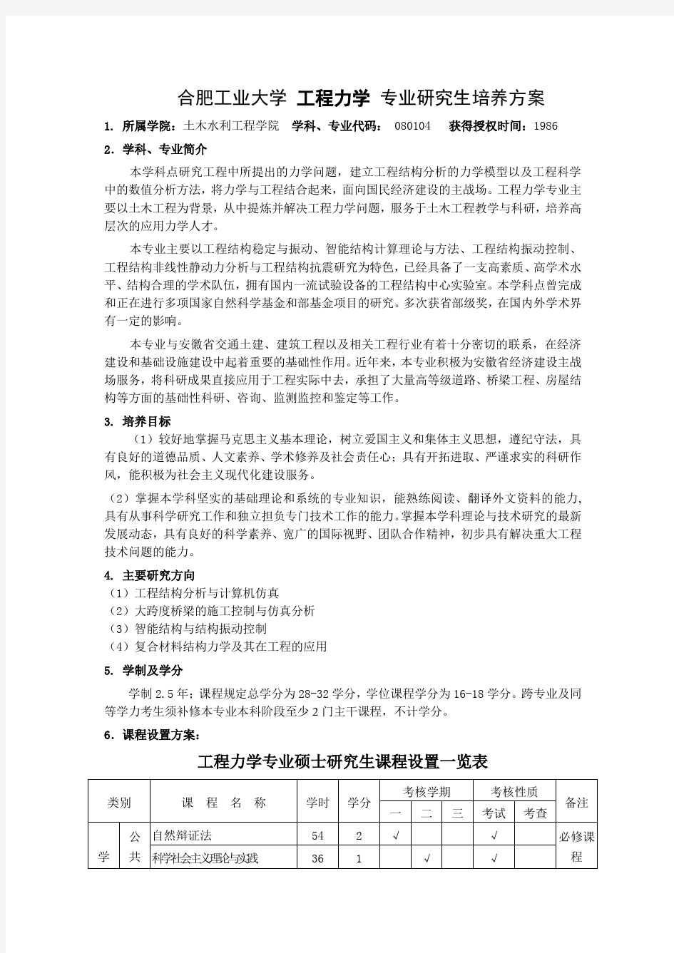 合肥工业大学工程力学专业研究生培养方案