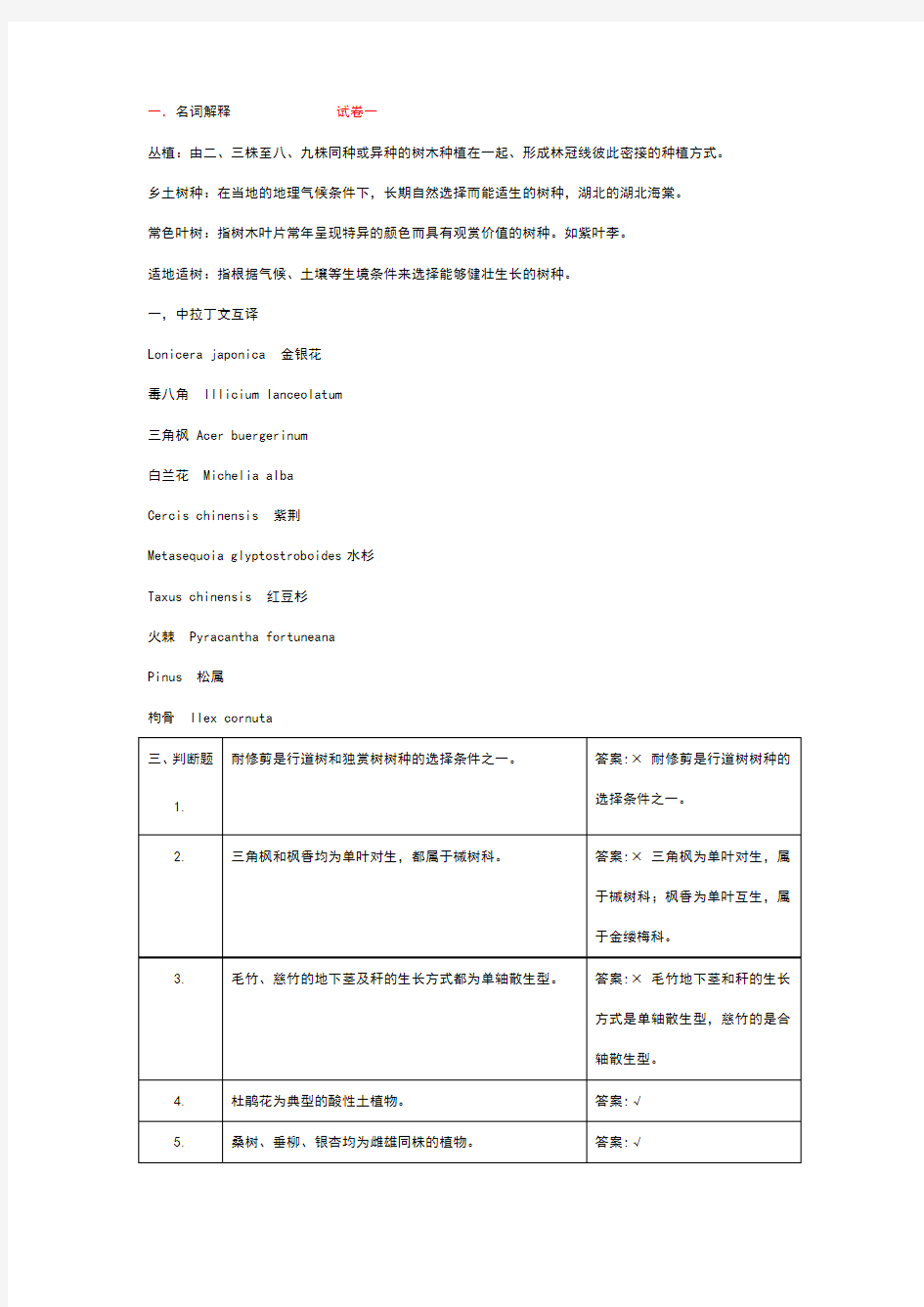 园林树木学试题(卷)与答案解析