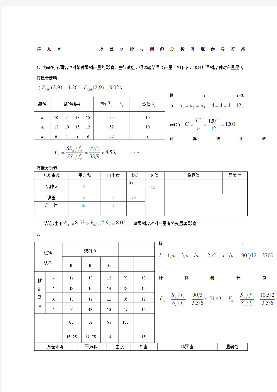 方差分析与回归分析习题答案