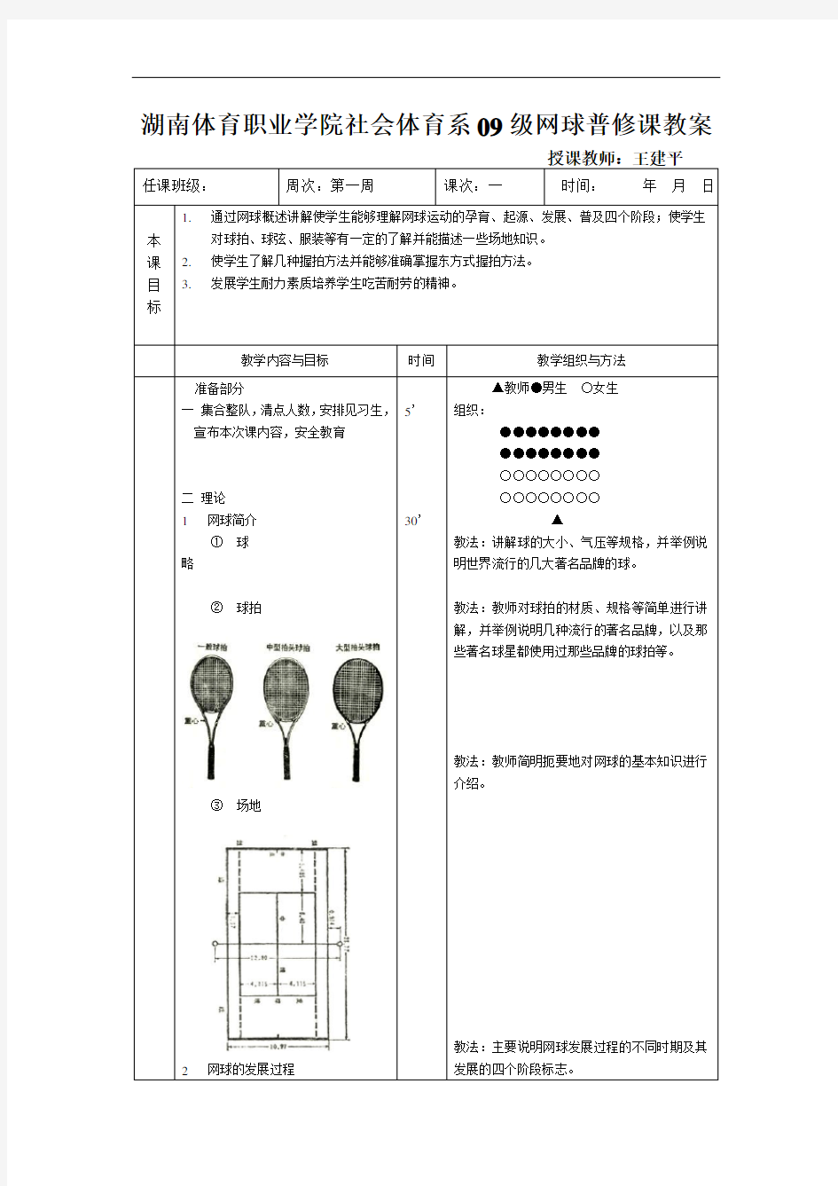 湖南体育职业学院社会体育系09级网球普修课教案