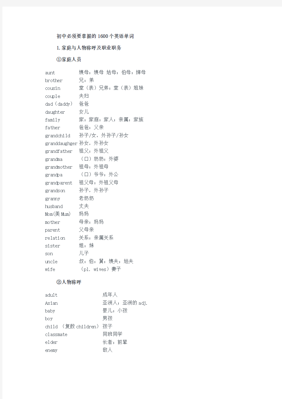 初中必须要掌握的1600个英语单词