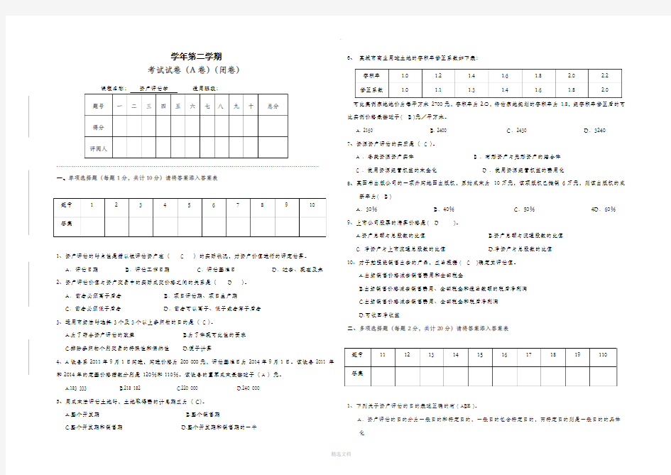 资产评估学试题+答案