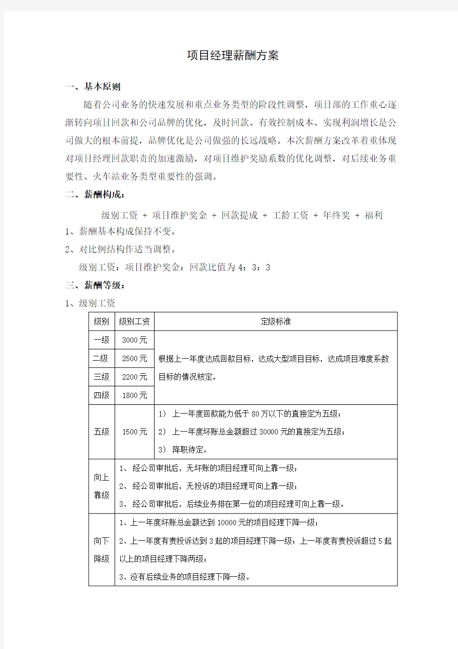 项目经理薪酬方案细则