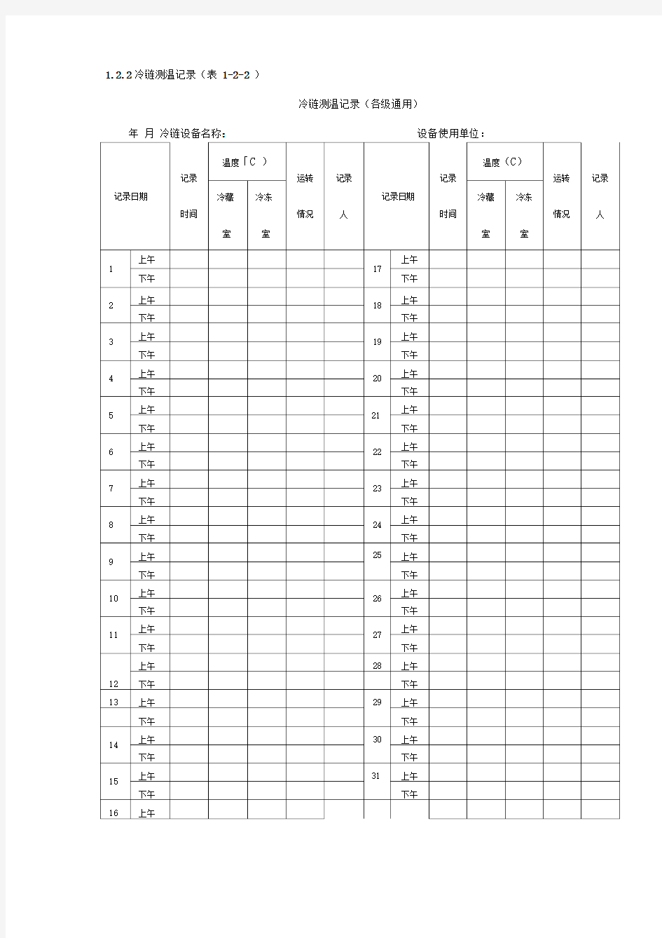 冰箱温度记录表