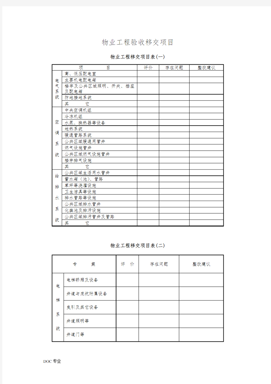 物业工程验收移交表格模板