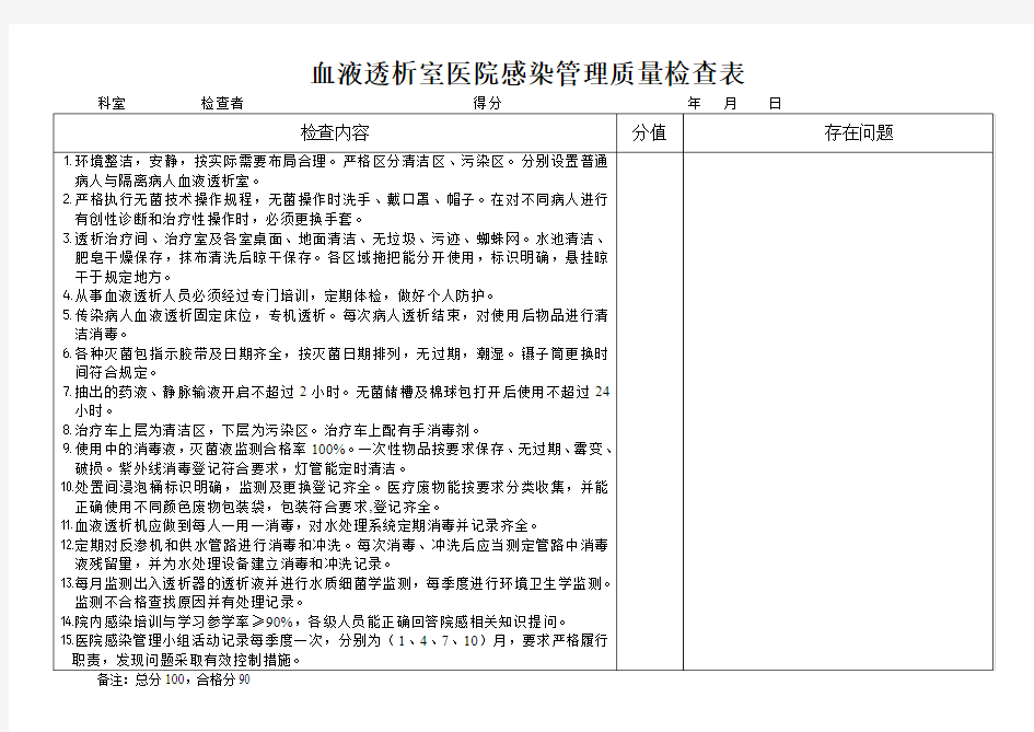 血液透析室医院感染管理质量检查表