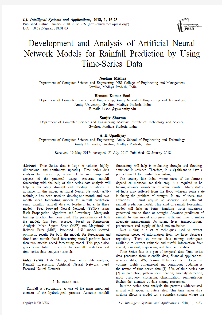 Development and Analysis...(IJISA-V10-N1-3)