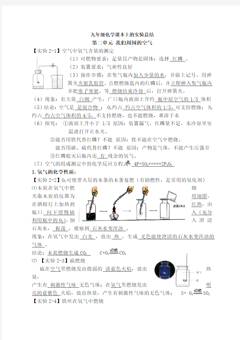 九年级化学课本上的实验总结