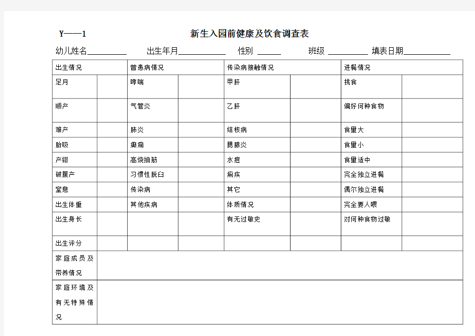 幼儿园常用表格模板