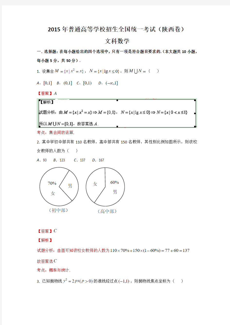 2015年普通高等学校招生全国统一考试文科数学试题(陕西卷) Word版(有答案)