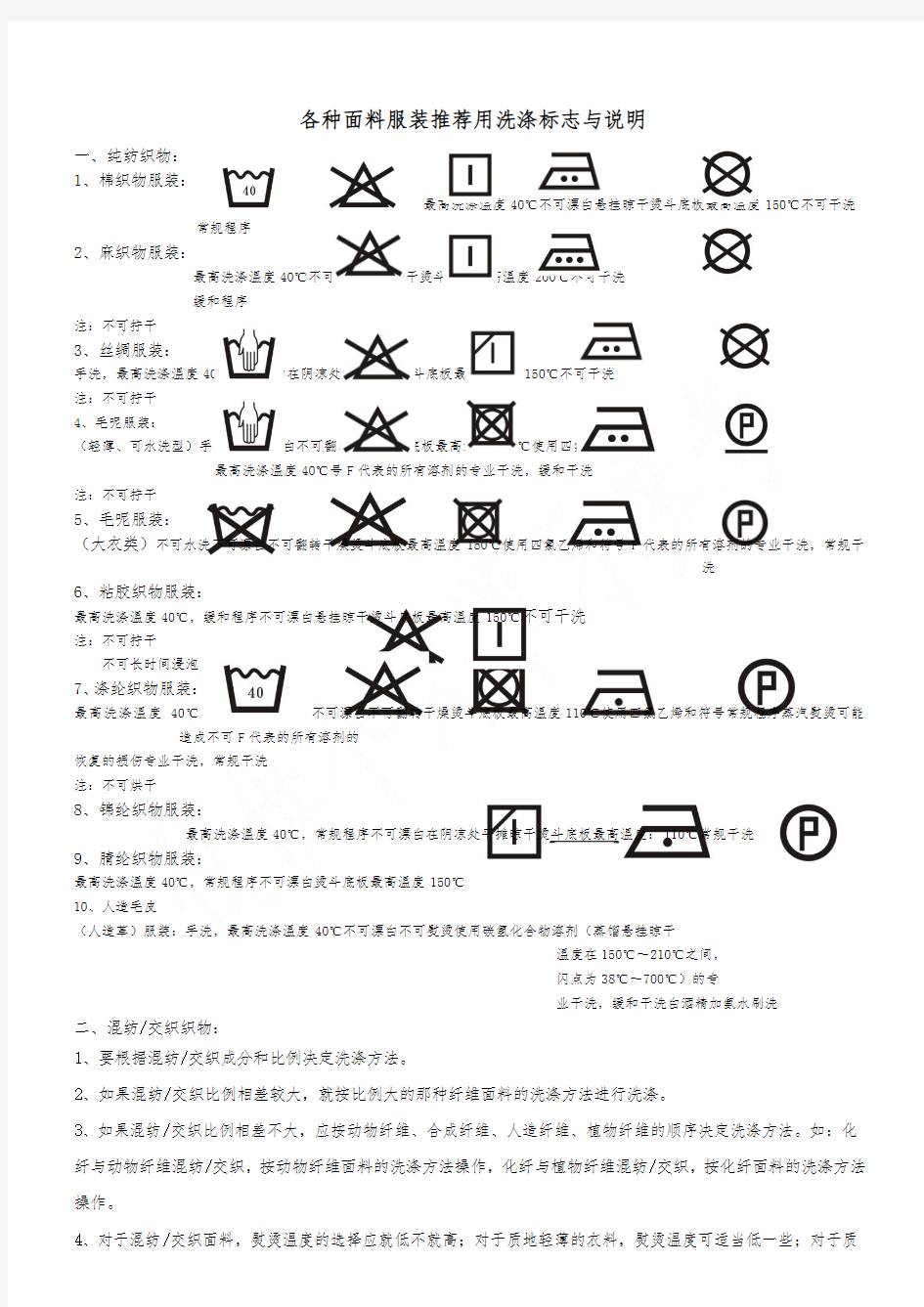 各种面料服装推荐用洗涤标志与说明