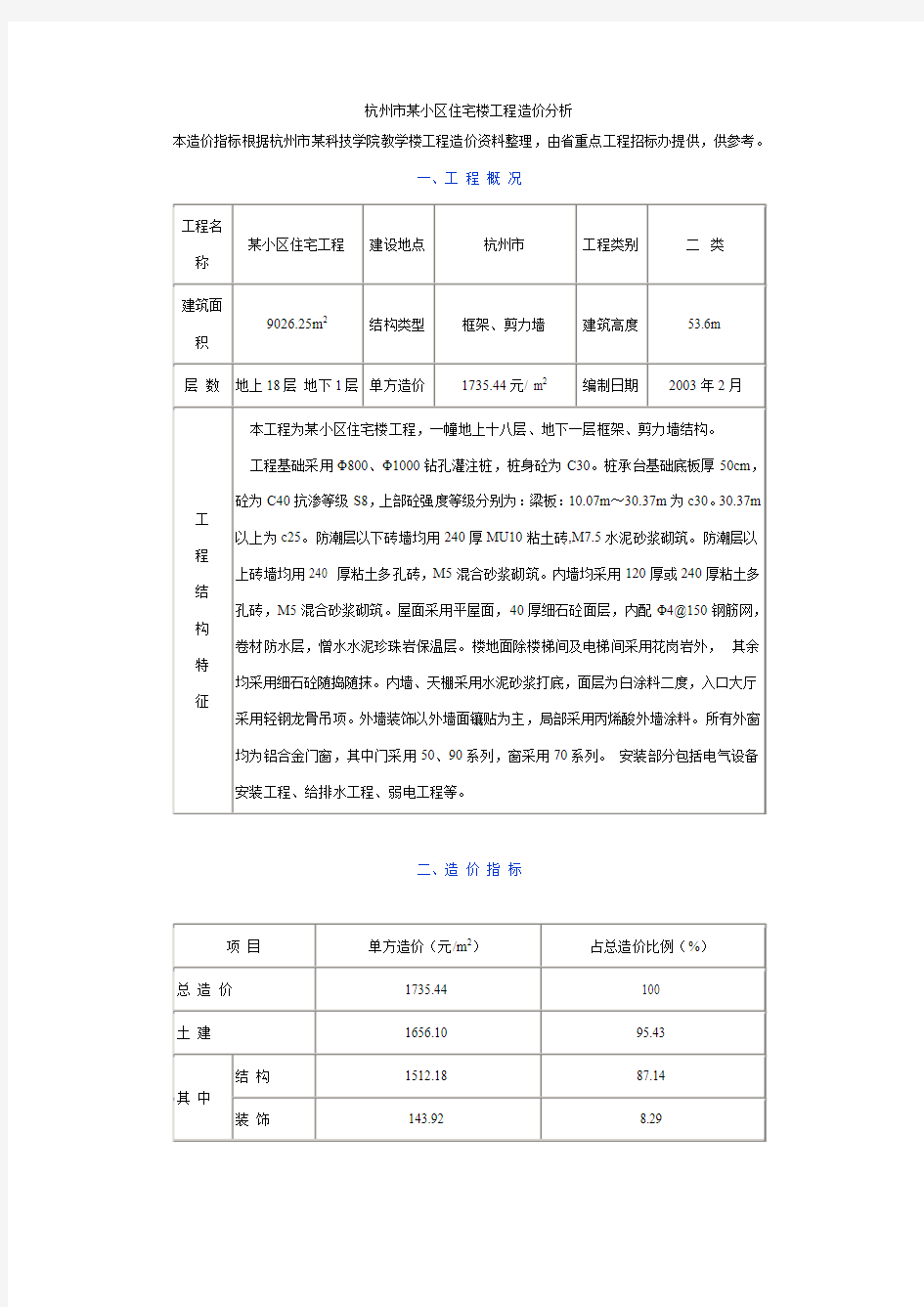 杭州市某小区住宅楼工程造价分析