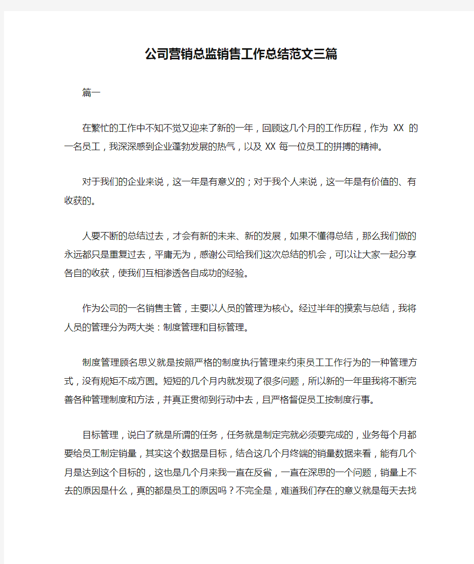 最新公司营销总监销售工作总结范文三篇