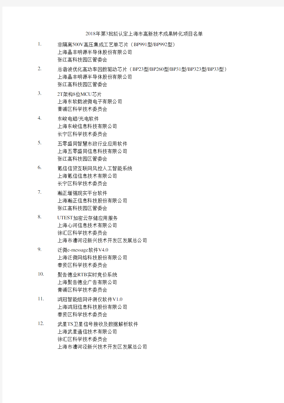 关于2018年第3批上海市高新技术成果转化项目的公示