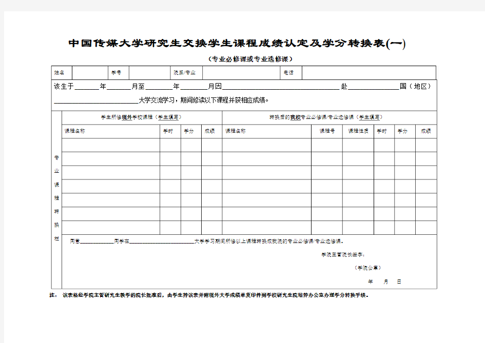 中国传媒大学研究生交换学生课程成绩认定及学分转换表(一)