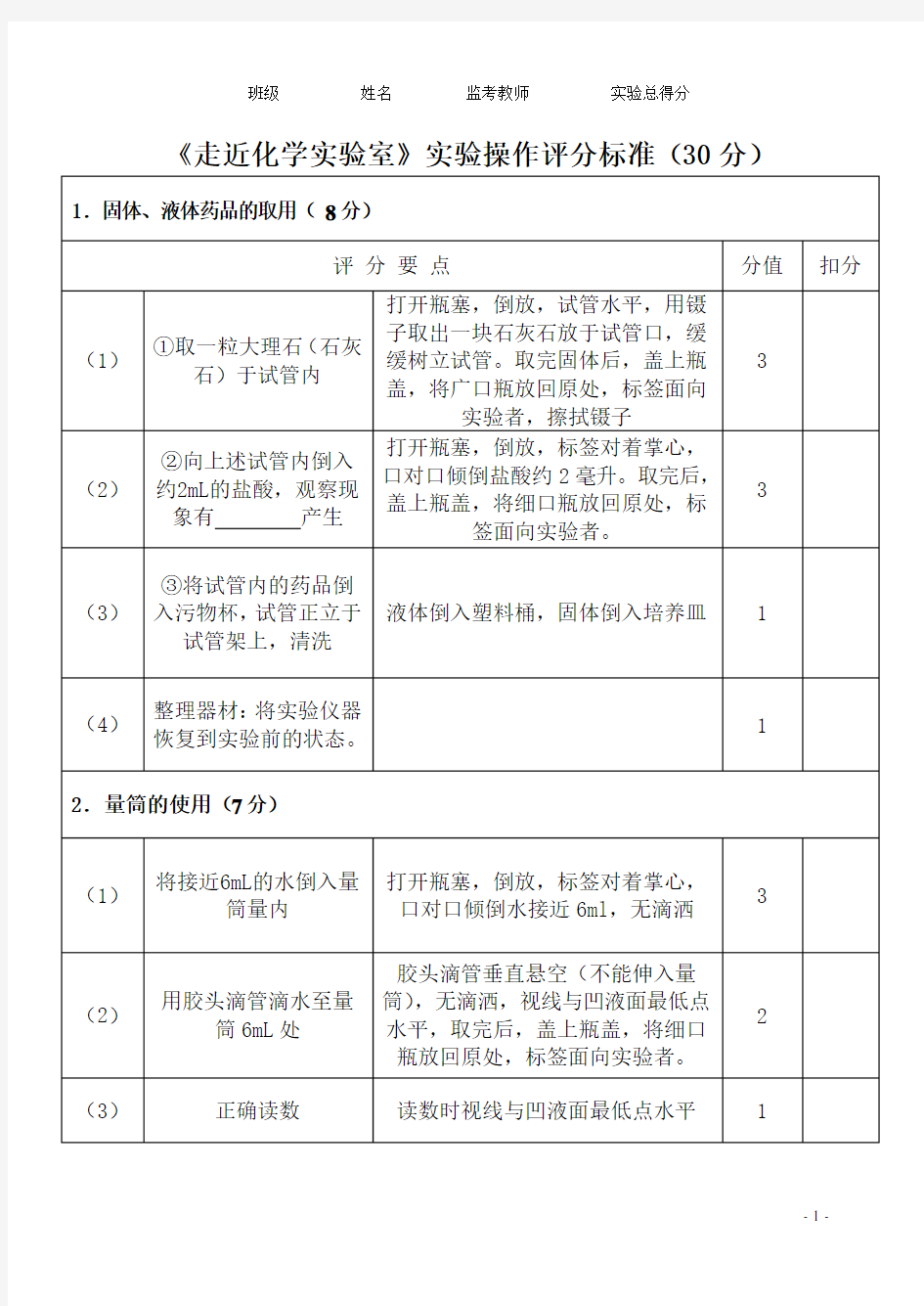 实验基本操作评分标准