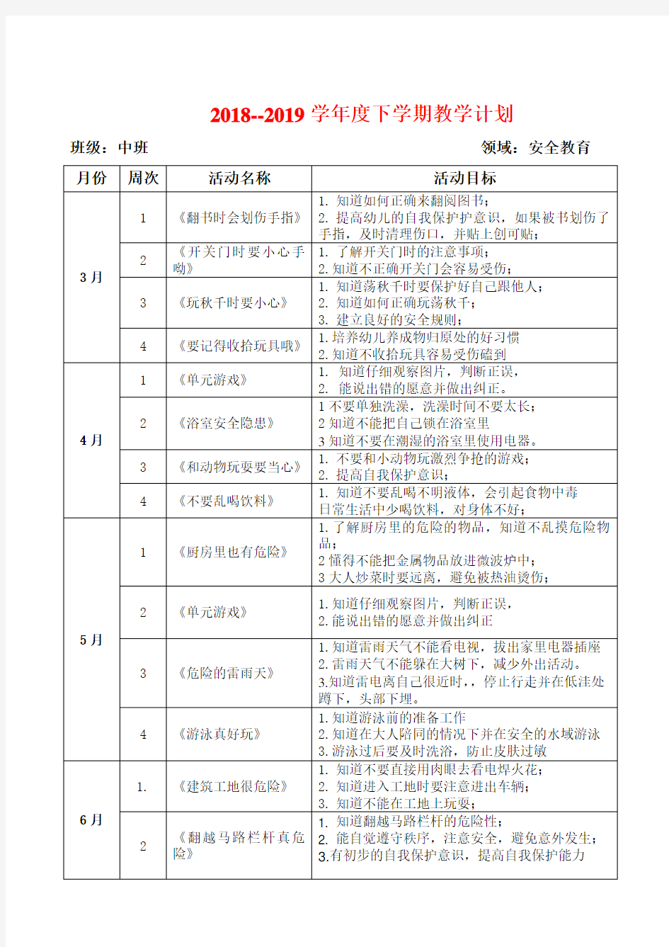 中班下学期安全教育