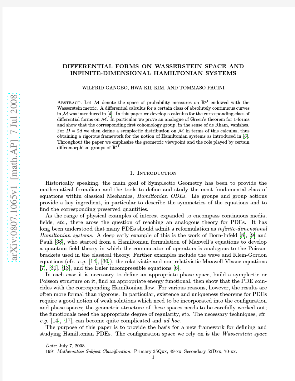 Differential forms on Wasserstein space and infinite-dimensional Hamiltonian systems