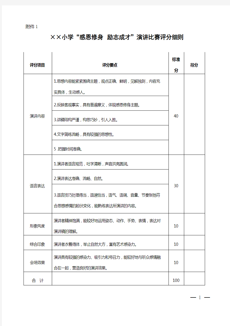 小学演讲比赛评分表