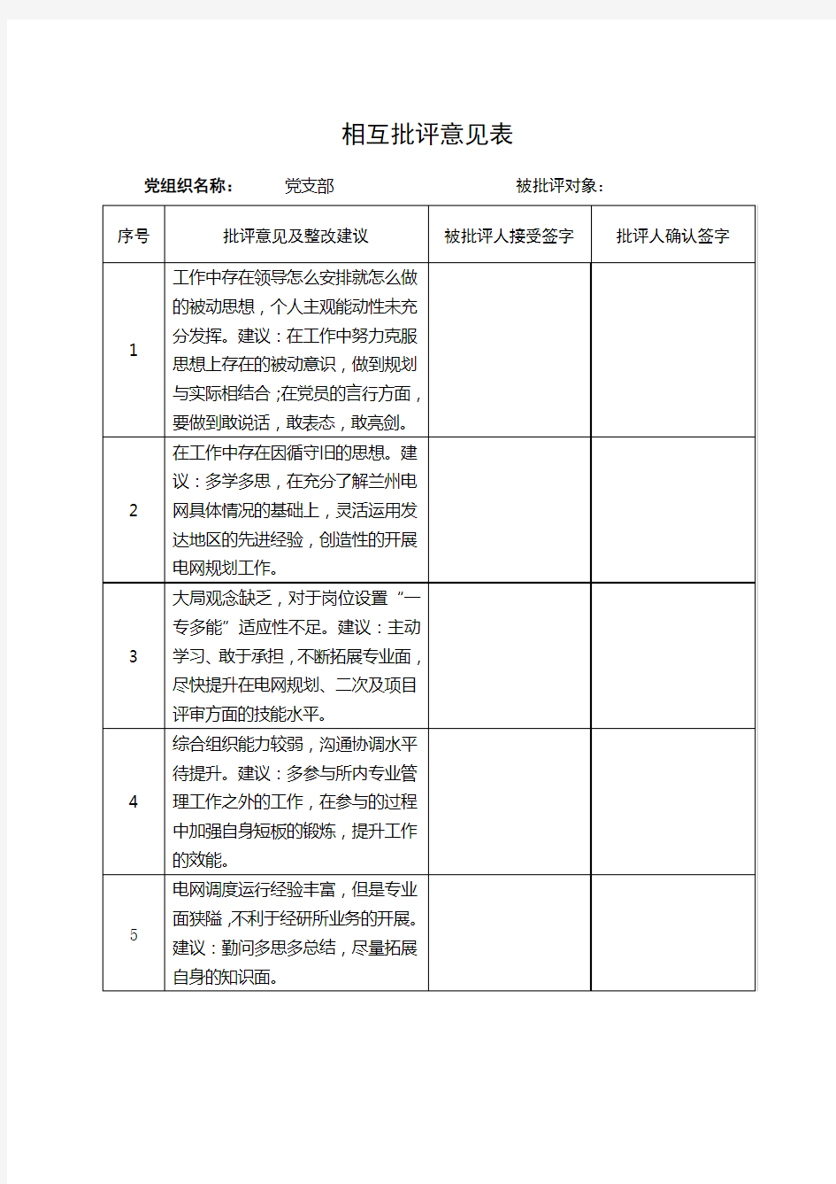 党员相互批评意见汇总表