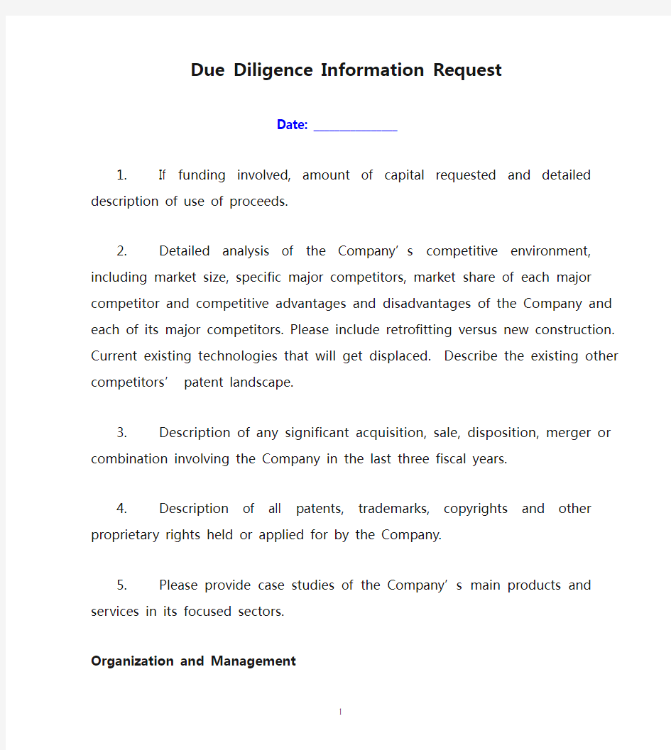 Due Diligence Information Request