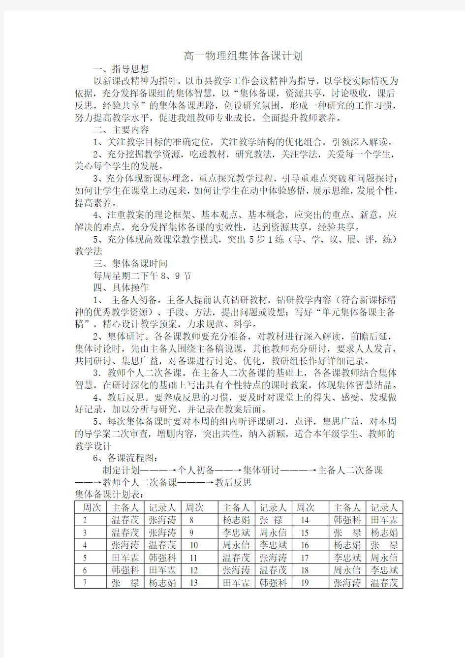 高一物理组集体备课计划