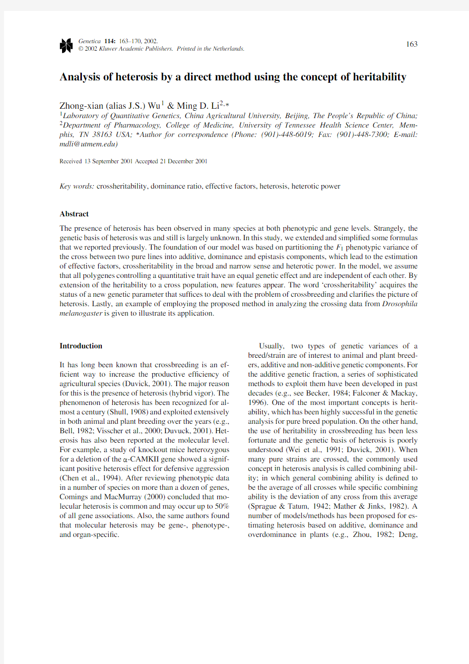 Analysis of Heterosis by a Direct Method Using the Concept of Heritability