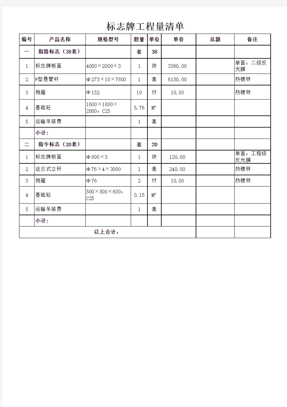 标志牌报价清单