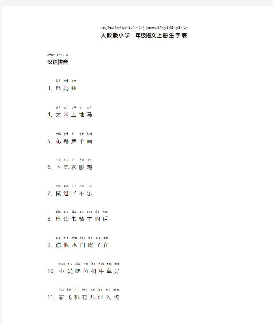 人教版小学一年级语文上册生字表(带拼音)