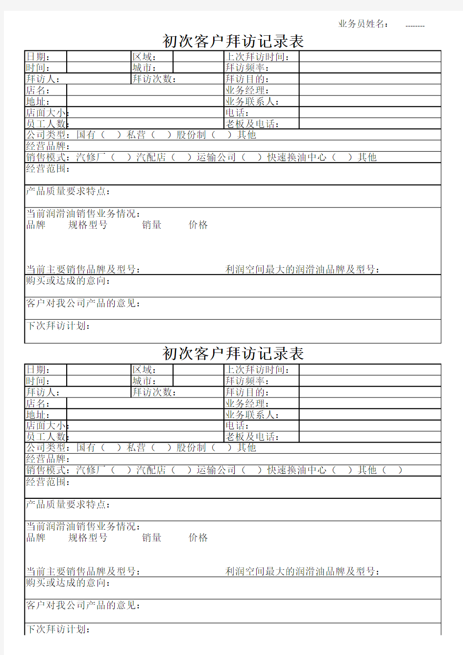 初次客户拜访记录表