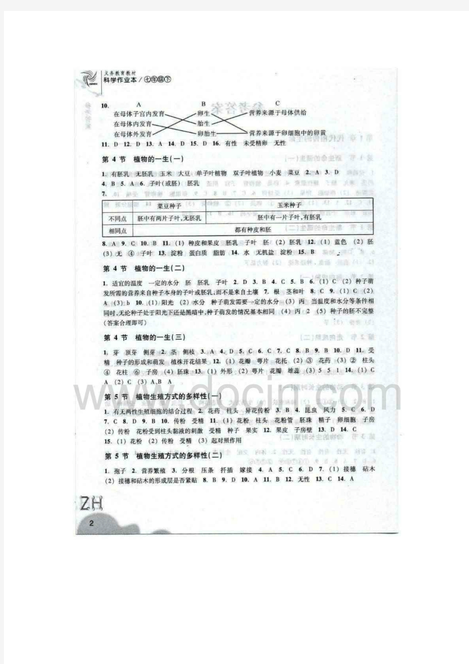 新七年级下册科学作业本参考答案_免费下载