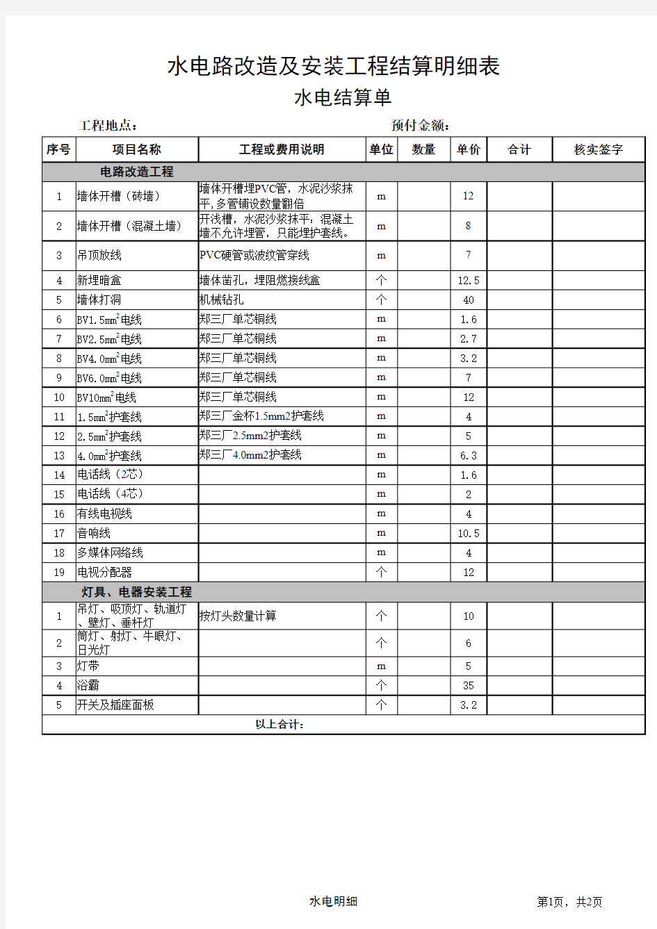 水电结算单