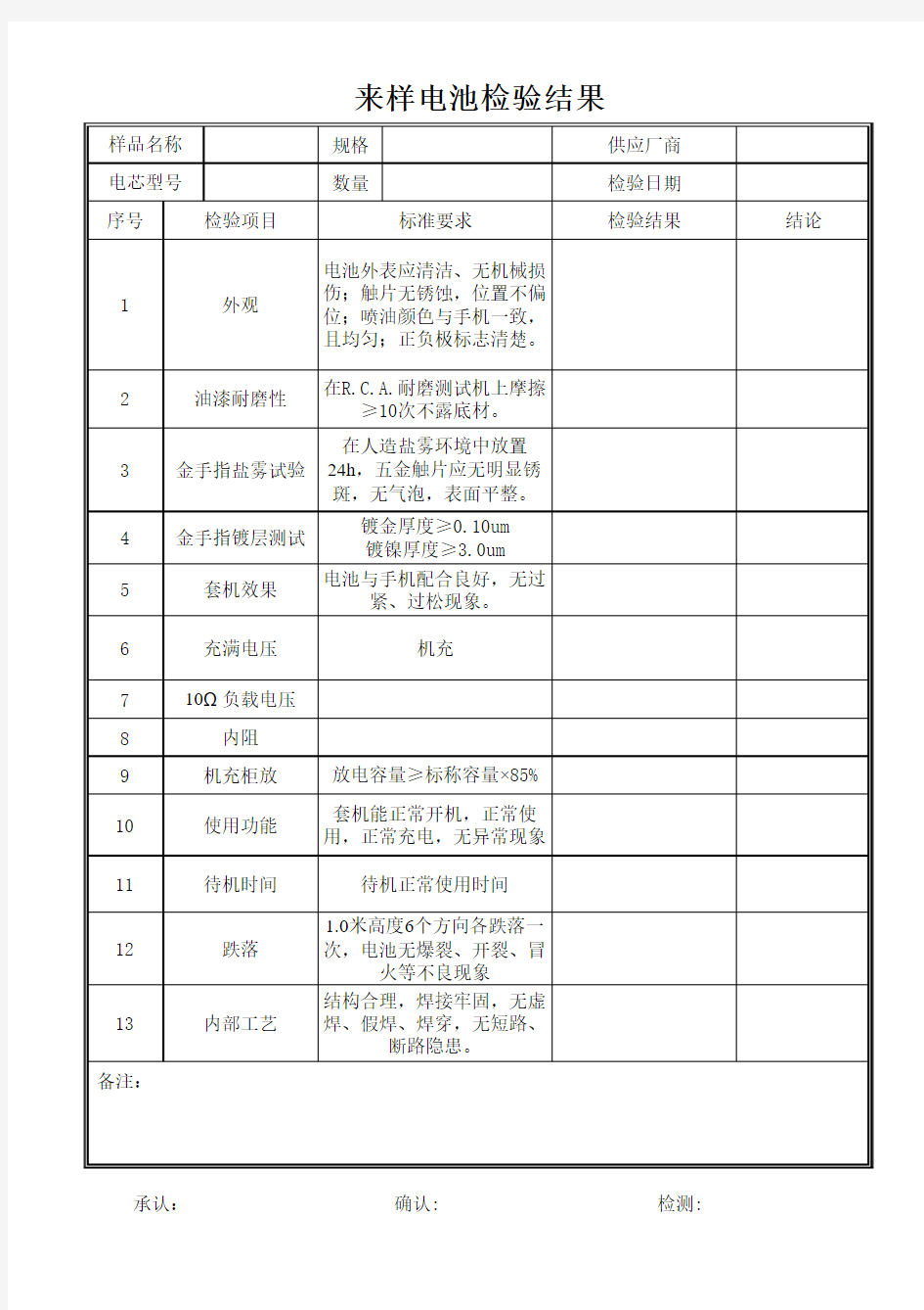 电池检验报告格式