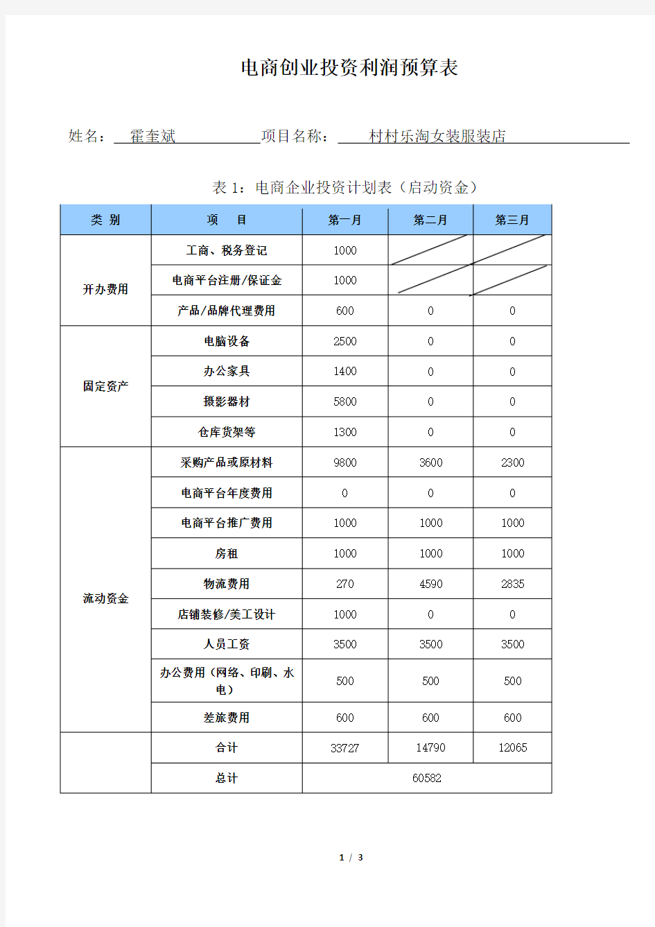 电商创业投资利润预算表