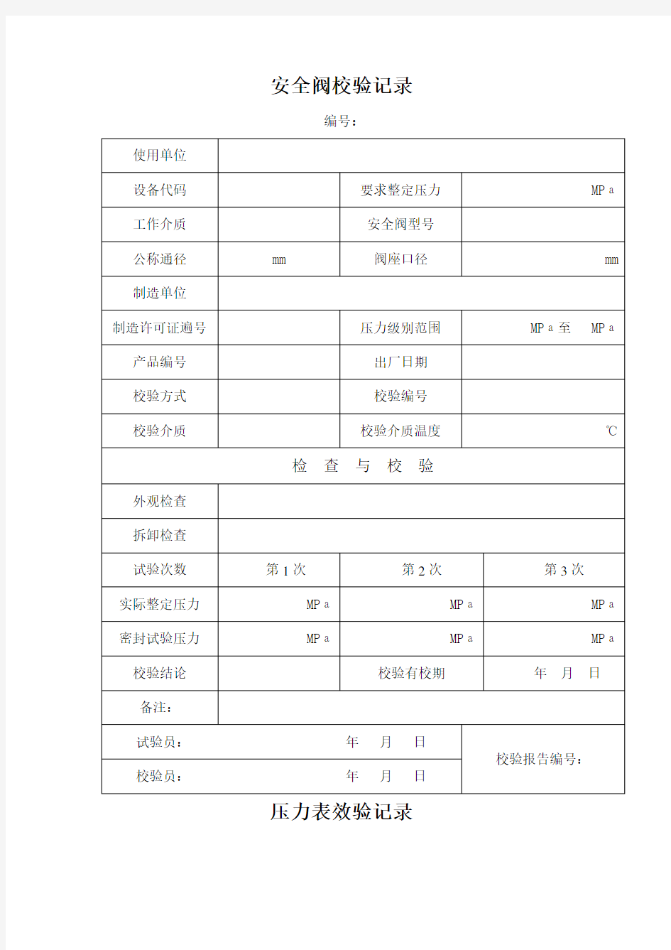 安全阀压力表校验记录