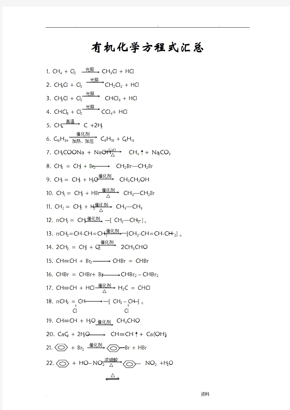 有机化学常用反应方程式汇总