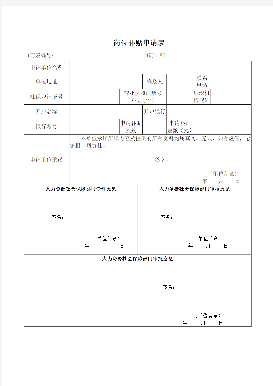 岗位补贴申请表(模板)