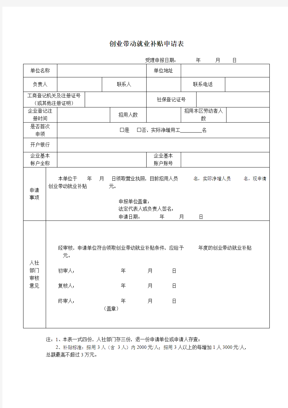 创业带动就业补贴申请表