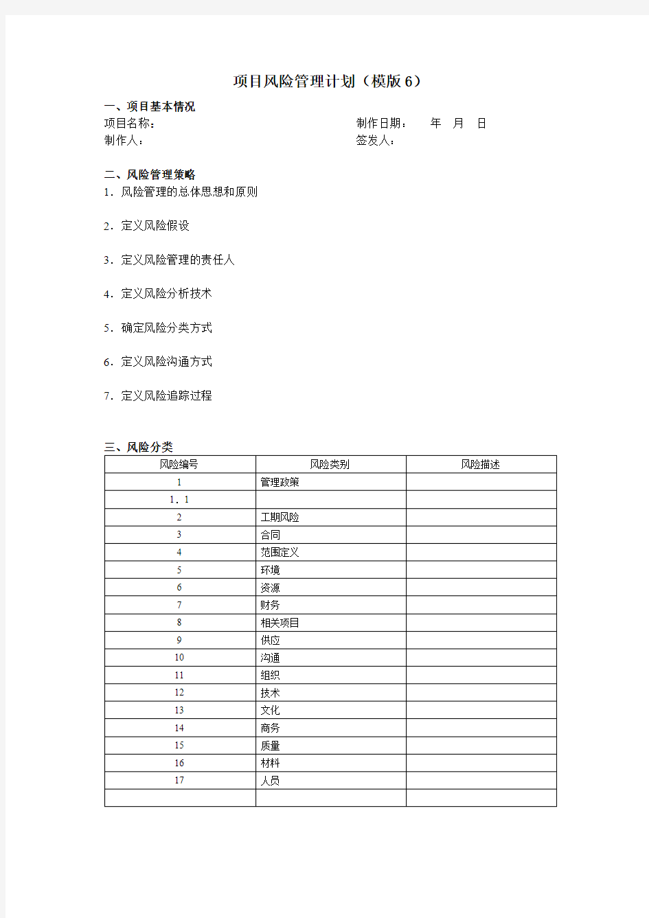 项目风险管理计划_模板